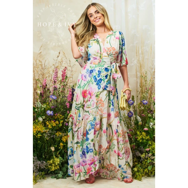 Spring floral wrap maxi dress made from recycled fabric