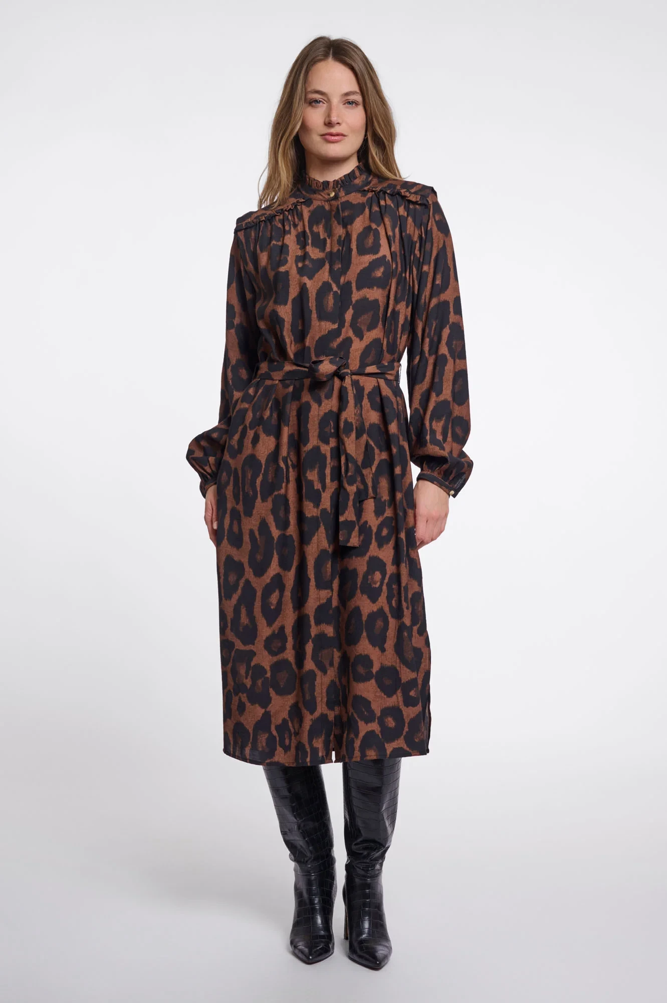 Rino & Pelle Ilonka Leopard Print Midi Dress in brown and black with tie waist
