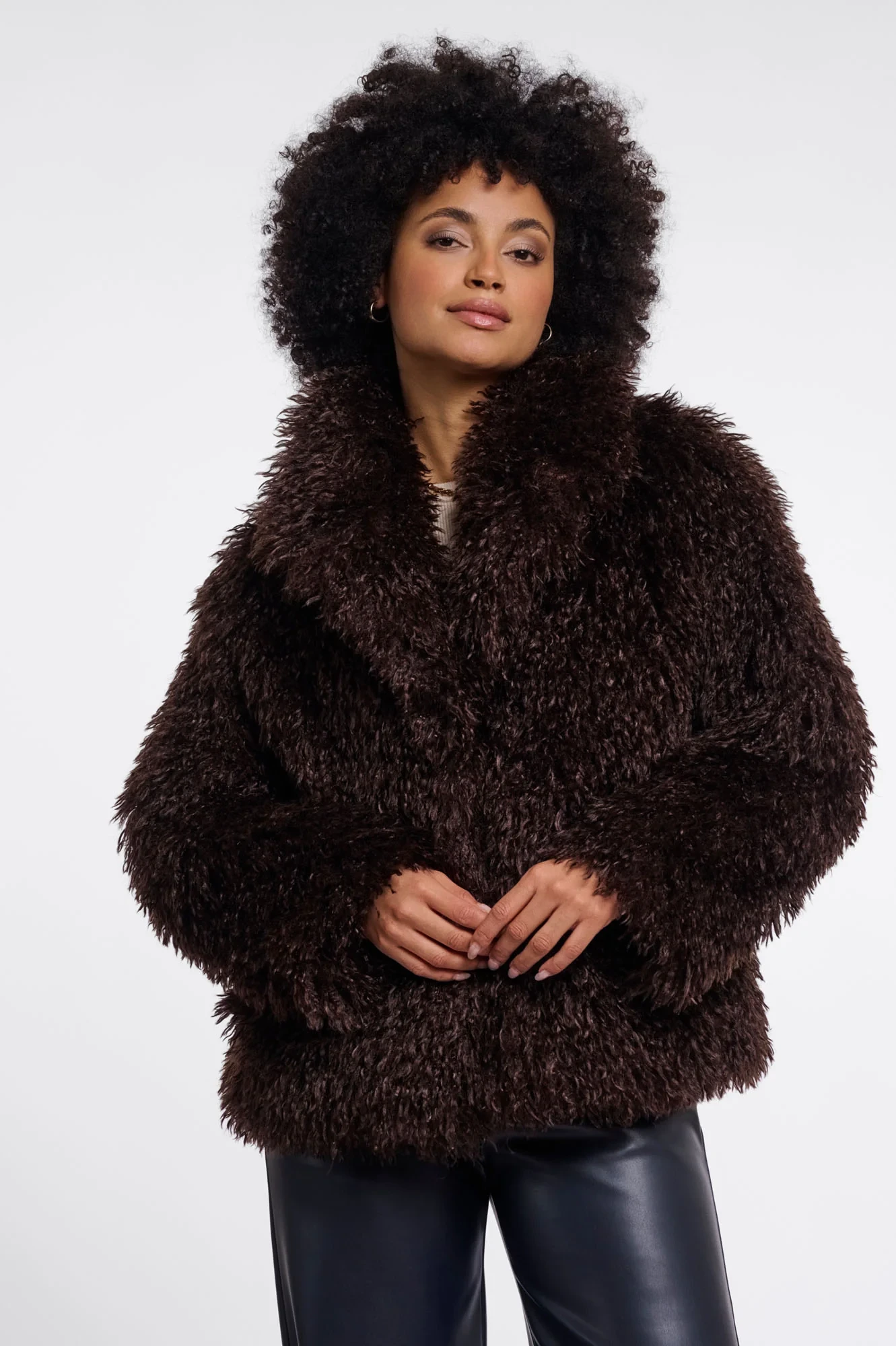 Rino & Pelle Lias Faux Fur Jacket in Chocolate on model with statement collar