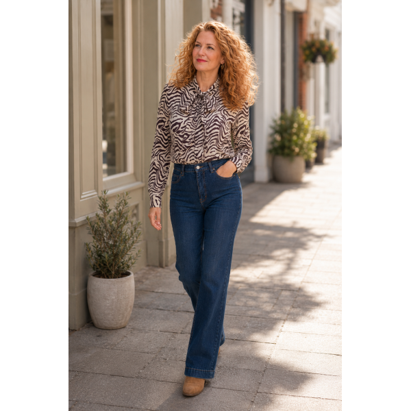 Red Button Conny Jeans Dark Blue Used L28 & L30 front view with high rise waist and wide legs worn with the Red Button zebra blouse