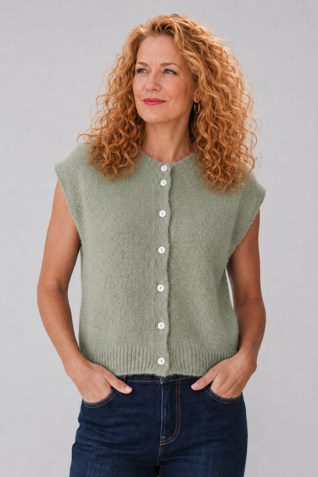 Sasa Round Neck Tank Top in Khaki with soft Baby Alpaca blend knit and sleeveless fit