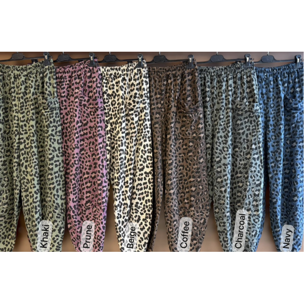 Sasa Leopard Print Cargo Trousers in Khaki Pink Coffee and Charcoal colour options