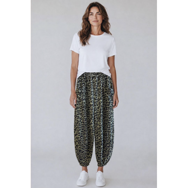 Sasa Leopard Print Pull-On Cargo Trousers Khaki relaxed barrel leg trousers on model