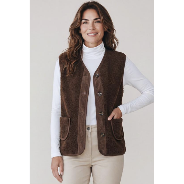 Sasa Teddy Gilet in Chocolate with corduroy trim and patch pockets
