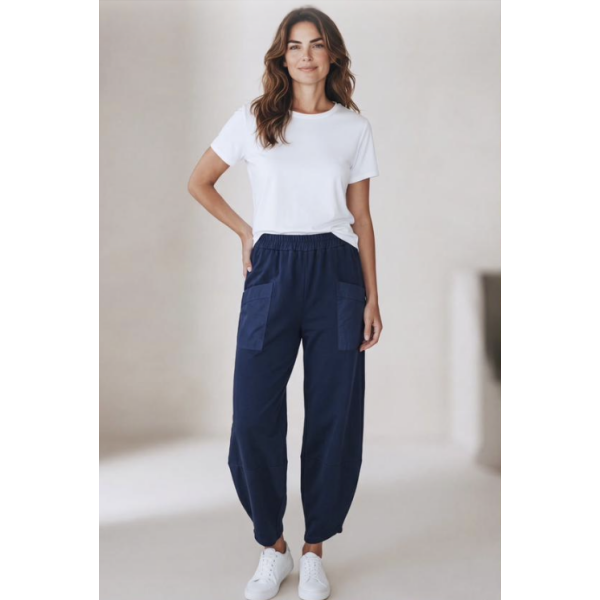 Sasa Pocket Detailed Cotton Trousers Navy worn with white T-shirt