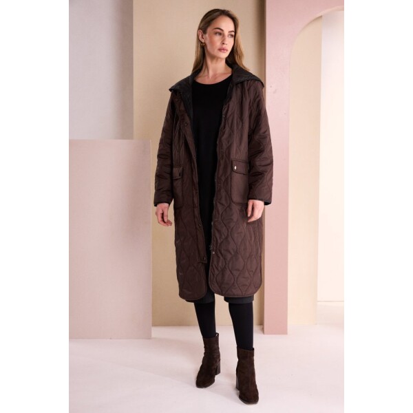 Naya padded longline coat NAW26196 deep brown quilted hooded coat front view