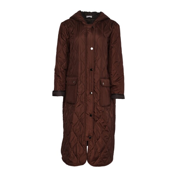 Naya NAW26196 padded longline coat in deep brown with hood and front flap pockets