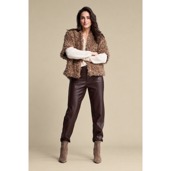 Red Button Caitlina Faux Leather Trousers in Burgundy L28 SRB5079 styled on model