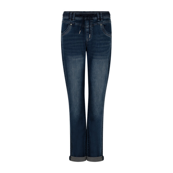 Red Button Tessy Grey Blue denim joggers front view