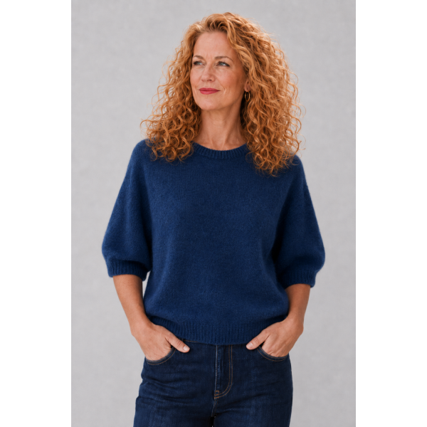 Sasa Round Neck Elbow Sleeve Jumper in Navy with soft alpaca blend knit