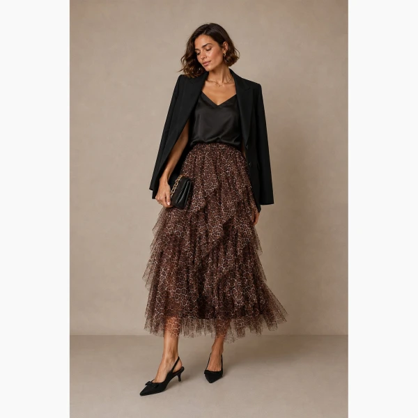 Brown leopard print layered tulle maxi skirt styled with black blazer and heels