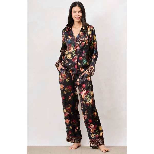 Hope & Ivy Wednesday Pyjamas front view with floral satin fabric and contrast piping