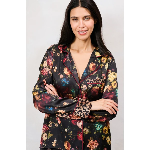 Hope & Ivy Wednesday Satin Pyjamas black floral shirt with leopard print cuffs
