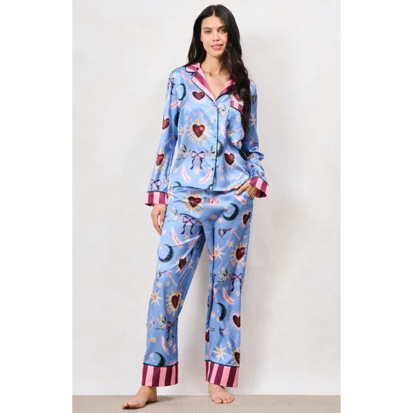 Hope & Ivy Thursday Satin Pyjama Set full length in powder blue celestial print