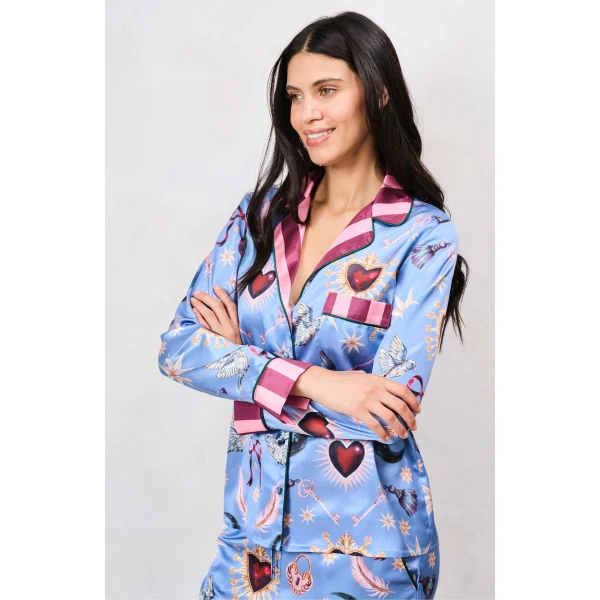 Hope & Ivy Thursday Satin Pyjamas powder blue printed shirt with striped pink collar and cuffs