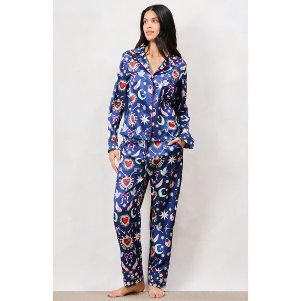 Hope & Ivy Friday Satin Pyjama Set navy heart moon and star print full length