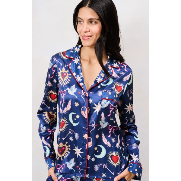 Hope & Ivy Friday Satin Pyjamas navy celestial print shirt with red piping