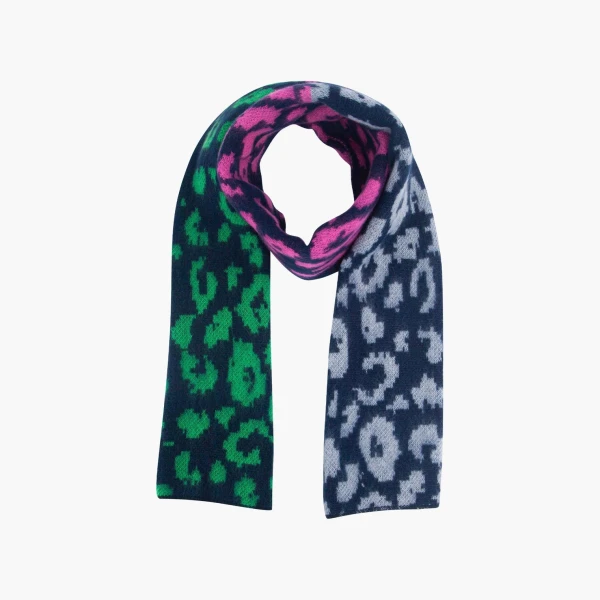Navy multicolour leopard print scarf in pink green and grey