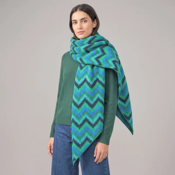 Blue and green zig zag scarf styled with green jumper