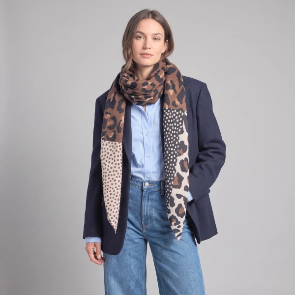 Brown leopard print lightweight scarf styled with navy blazer and jeans