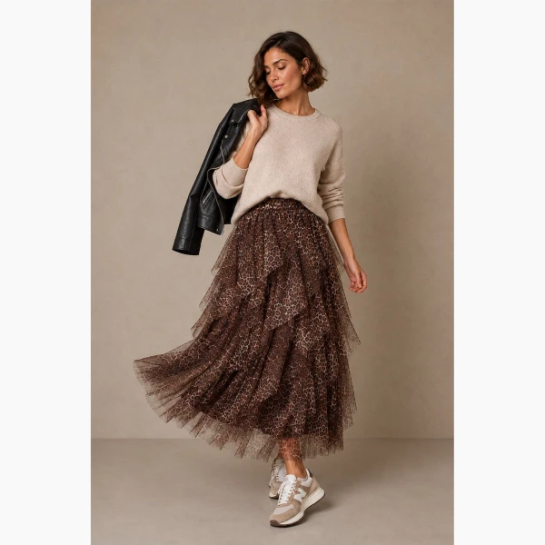 Brown leopard print tulle maxi skirt styled with cream jumper and leather jacket